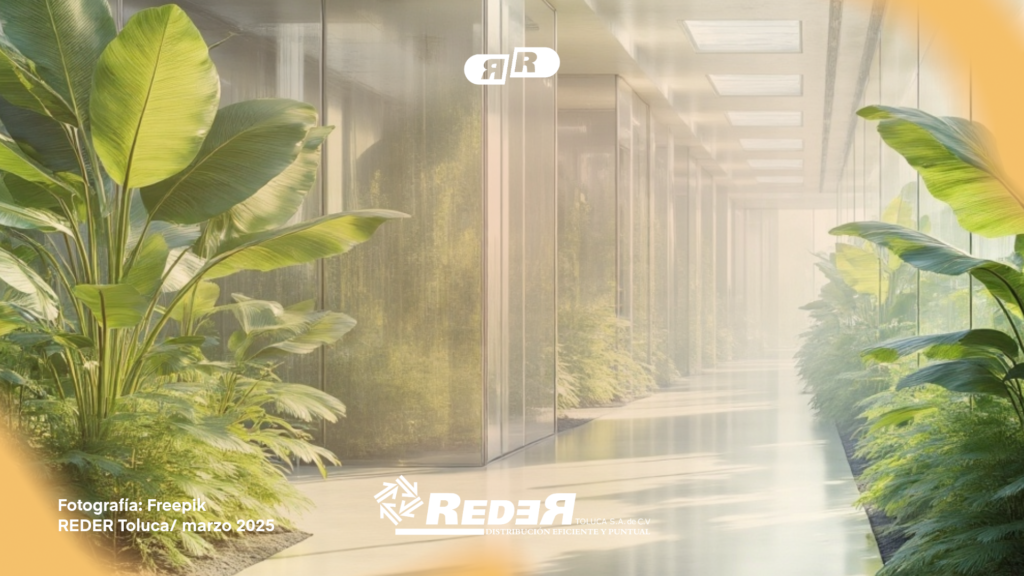 Un paisaje verde con elementos visuales de sostenibilidad en la industria de la salud, como envases biodegradables y energías limpias.