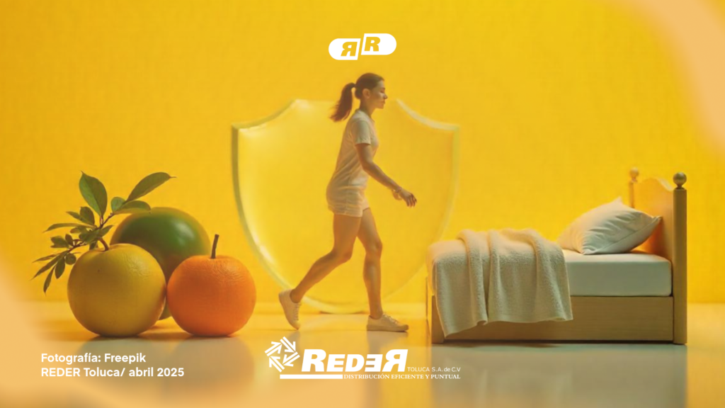 Ilustración con íconos de alimentos frescos, una persona ejercitándose y una cama que simboliza el descanso, todos conectados por líneas hacia un escudo que representa la inmunidad.