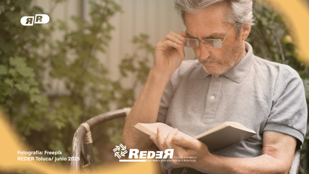 Adulto mayor con lentes leyendo un libro junto a una ventana con luz natural