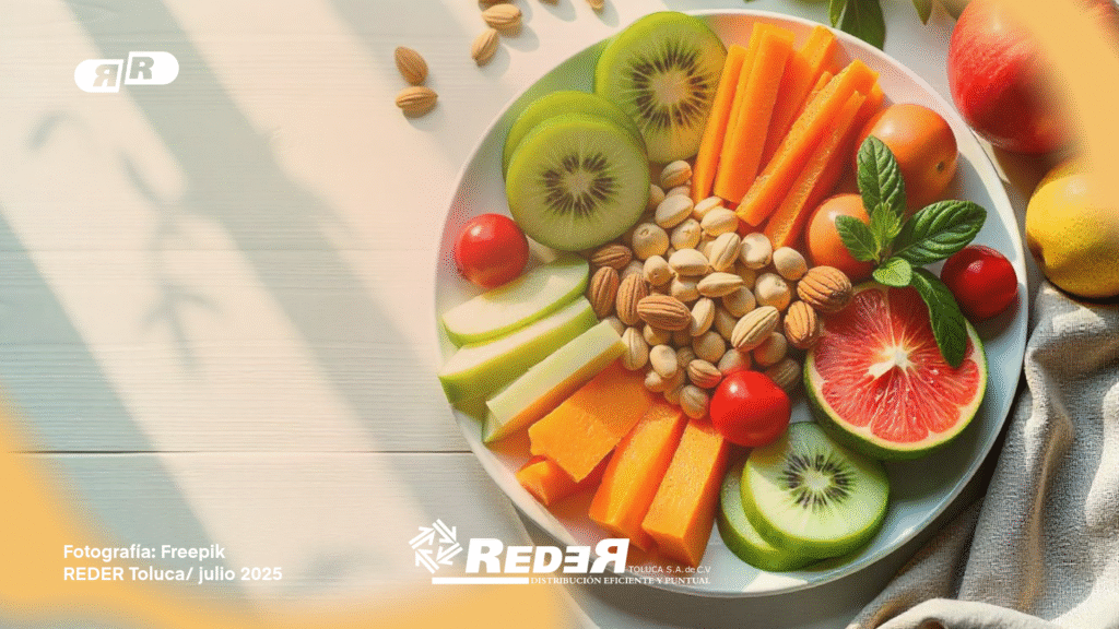 Plato colorido con alimentos frescos que mejoran el estado de ánimo