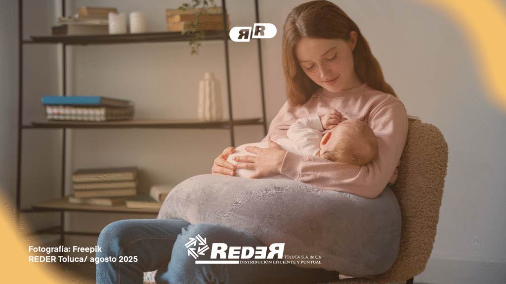 Mujer lactando a su hijo en casa, con luz natural y ambiente sereno