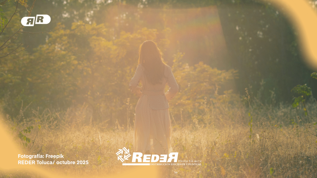 Mujer sonriente haciendo una caminata tranquila en un parque al atardecer