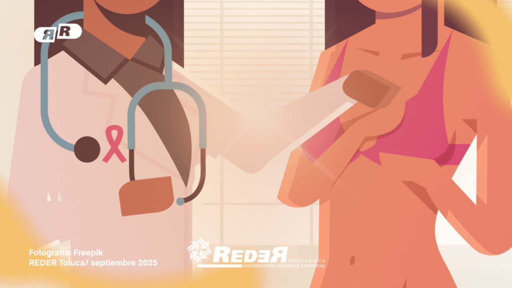 Ilustración respetuosa de una mujer joven realizando autoexploración mamaria frente a un espejo.