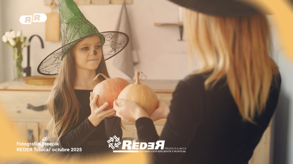 Niña disfrazada eligiendo entre frutas y dulces en una mesa decorada para Halloween