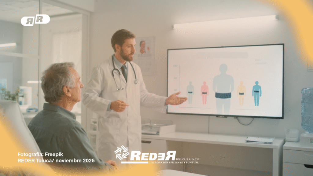 Médico explicando a un paciente los componentes del síndrome metabólico con apoyo de una ilustración en pantalla
