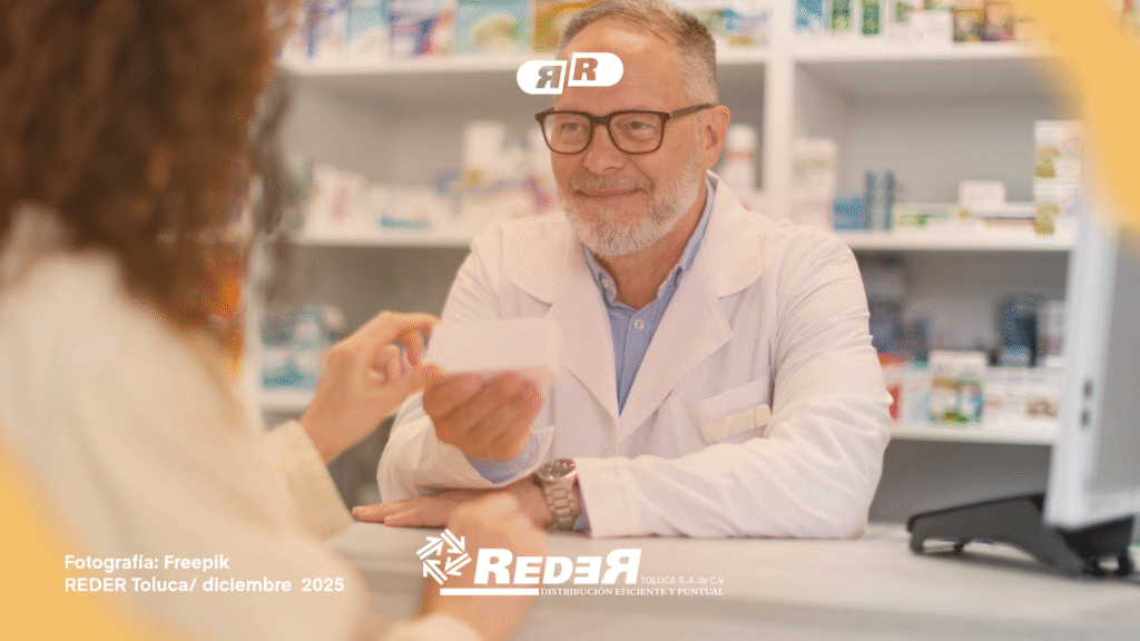 Persona mayor recibiendo orientación en una farmacia con acceso universal