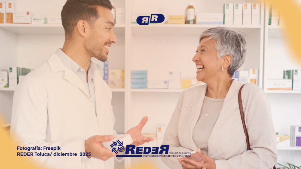 Persona mayor siendo atendida en una farmacia accesible