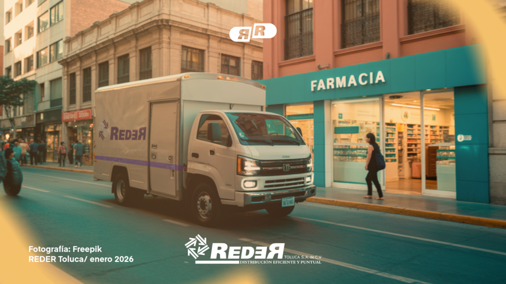 Ilustración de camión de distribución entregando medicamentos a una farmacia.