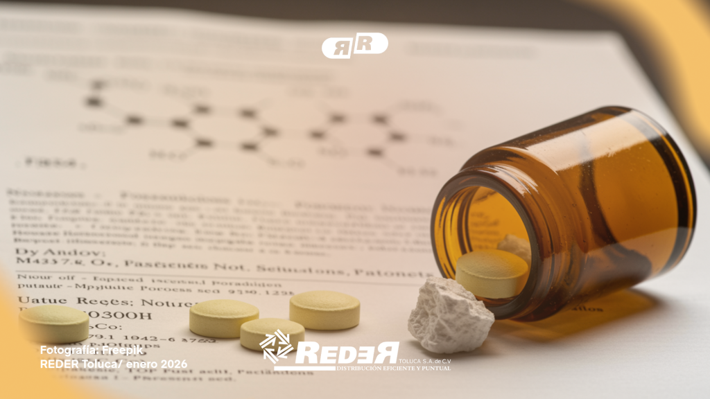 Frasco de medicamento junto a documento con sello de patente y estructura molecular