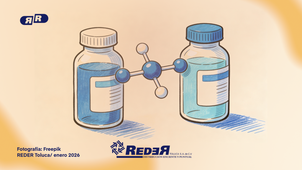 Dos frascos de medicamento frente a frente, uno con etiqueta “Patente” y otro con “Genérico”, sobre fondo neutro