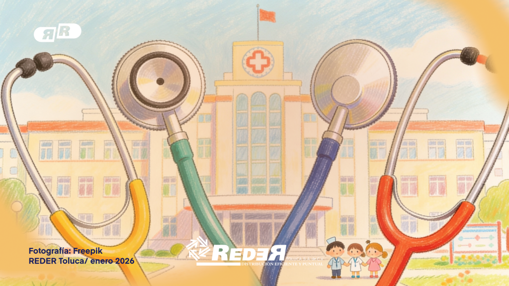 Fachada de la Secretaría de Salud con íconos de salud pública, vacunación y prevención sanitaria