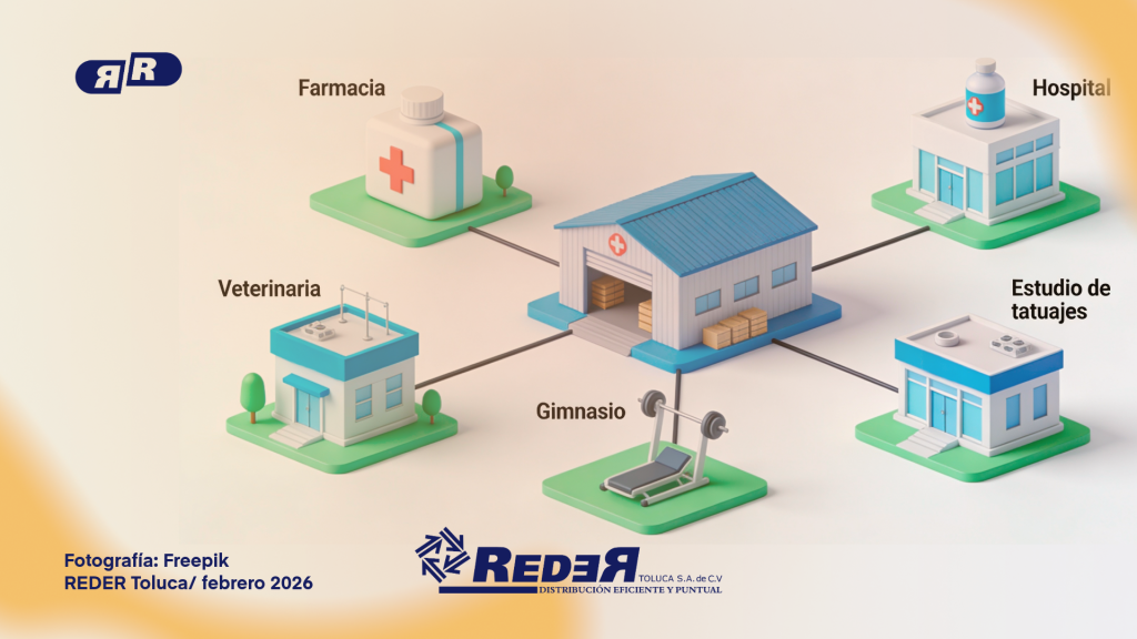 Ilustración de almacén de REDER Toluca conectado a farmacia, clínica, hospital, veterinaria, gimnasio y estudio de tatuajes.
