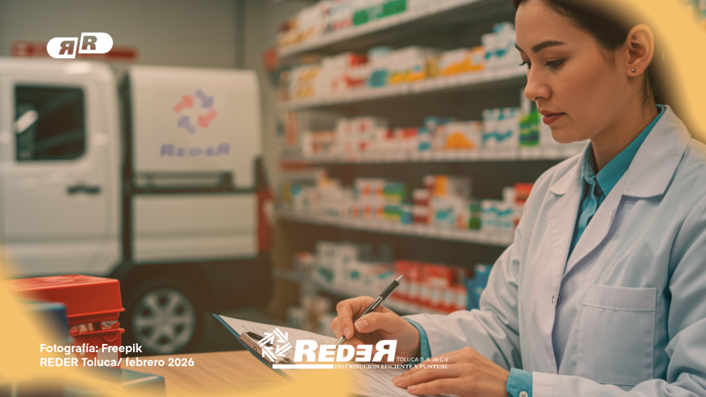 Ilustración de una persona revisando un checklist junto a cajas selladas, un camión de reparto y símbolos de seguridad, documento legal y cumplimiento.