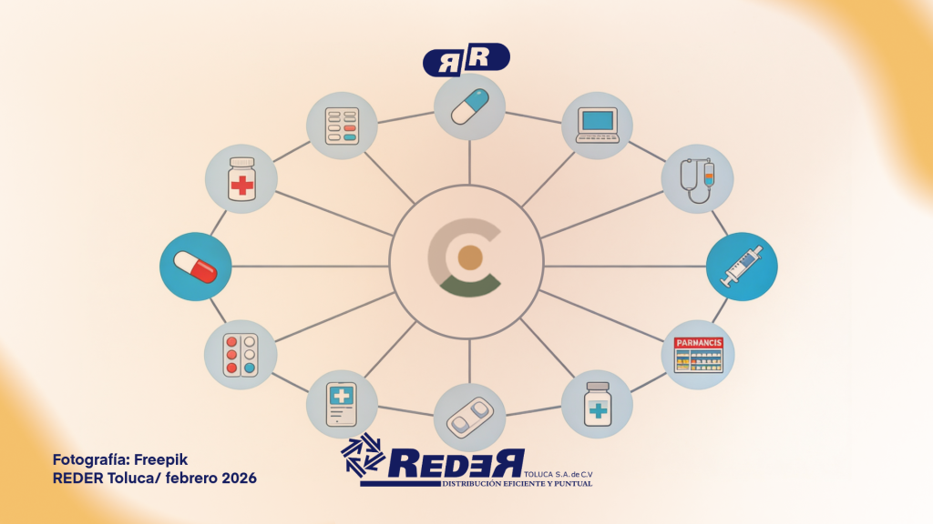 Ilustración de red regulatoria conectando medicamentos, dispositivos médicos y farmacias bajo supervisión de Cofepris.