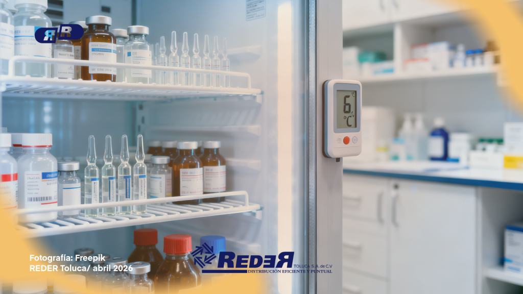 Equipo de refrigeración farmacéutico con medicamentos termolábiles correctamente almacenados y termómetro digital visible.