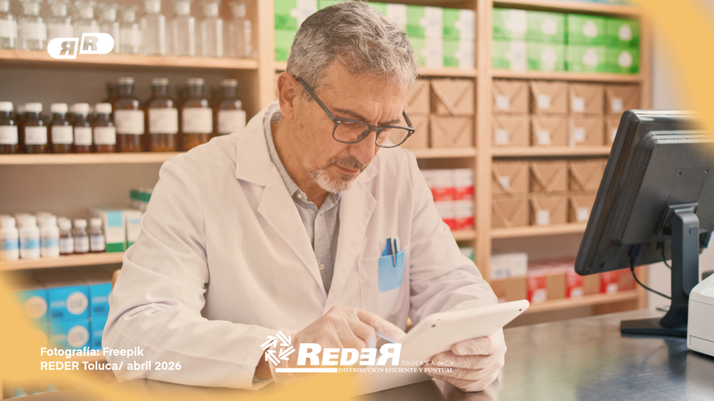 Farmacéutico utilizando tablet o computadora en mostrador de farmacia moderna con estantes de medicamentos al fondo.